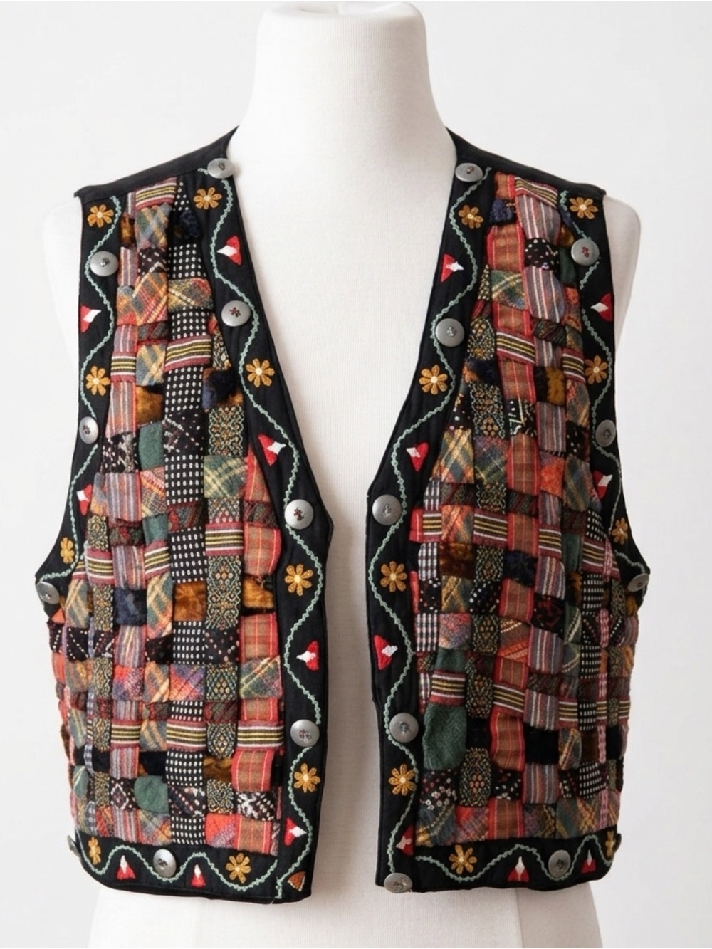 JouJou Vintage 90s Y2K Patchwork Vest Basket Weave Ribbon Indie Festival Large